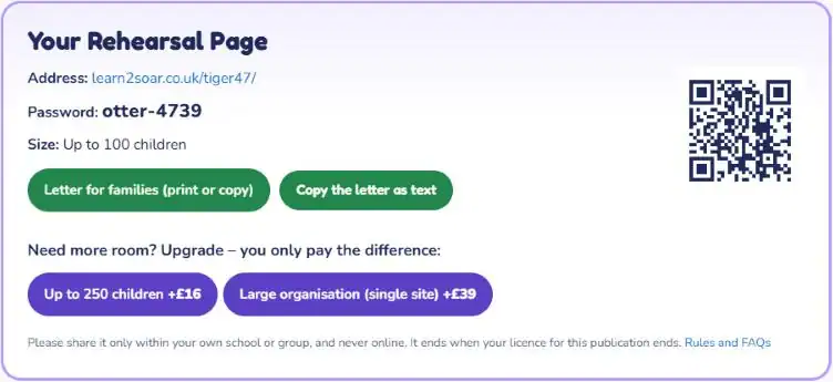 The Rehearsal Page details box on a Digital Publication page, showing the example address, password and QR code