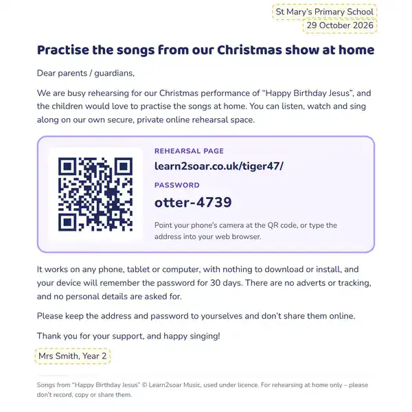 The ready-to-print letter for parents and guardians, with a QR code, an example address and password