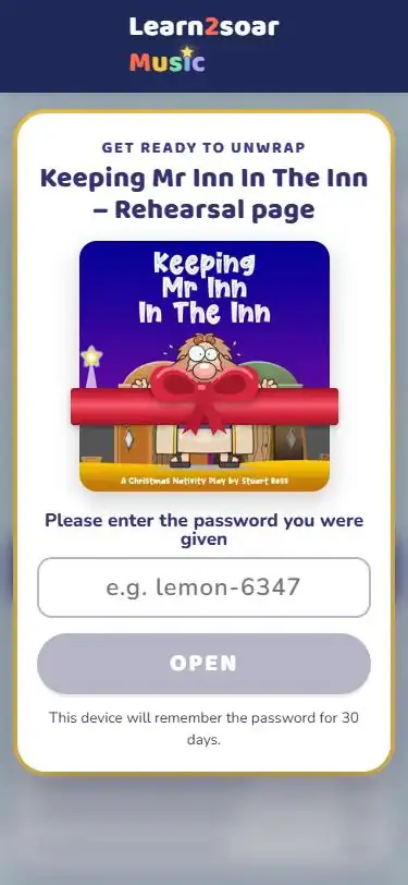 A rehearsal page on a phone, asking for the password before the songs can be played