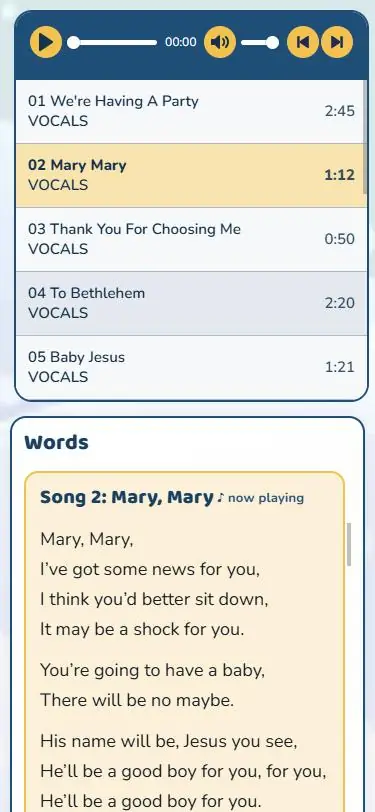 A rehearsal page on a phone after the password is entered, with a song playing and the words shown underneath